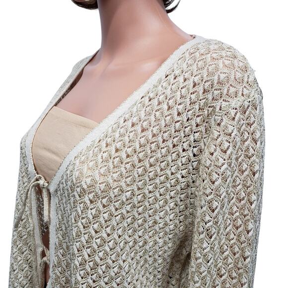 MANGO MNG Lurex Knitted Cardigan Sweater Women Plus 3XL Cream Gold Tie front - Picture 7 of 14